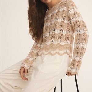 Z Supply Beige and White Crochet Wave Knit Pullover